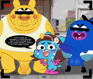 adult_on_child adult_on_young age_difference anthro balls big_penis blue_body blue_fur blush bodily_fluids butt censor_bar censored_eyes clothed clothing crossdressing cum erection fur genital_fluids genitals gesture gloves group group_sex hair hand_gesture handwear imminent_rape imminent_sex latex latex_clothing latex_gloves latex_handwear latex_legwear leggings legwear makeup male male/male nude open_mouth outdoor_exposure outdoor_nudity penis precum pubes public public_exposure recording sex simple_background small_penis smile sweat tail text threesome trio v_sign wig young young_anthro young_male vwhiskers cartoon_network the_amazing_world_of_gumball gumball_watterson pantsbully_(tawog) tony_(tawog) domestic_cat felid feline felis mammal digital_media_(artwork) english_text