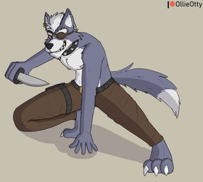 anthro belt clothed clothing collar crouching ear_piercing ear_ring evil_grin eye_patch eyewear fur gold_(metal) gold_tooth grey_body grey_fur hair knife leather leather_strap male nipples piercing red_eyes ring_piercing scar smile straps tail topless weapon ollieotty nintendo star_fox wolf_o'donnell canid canine canis mammal wolf hi_res