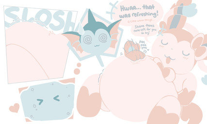 abdominal_bulge ambiguous_gender dialogue dissolving drinking_straw duo ear_frill endosoma feral frill_(anatomy) fur hand_on_belly heart_symbol inflation inside_stomach liquid_body liquid_inflation melting on_ground onomatopoeia patting_belly pink_tail ribbons_(anatomy) rumbling_stomach safe_vore simple_background sitting sloshing_belly sound_effects speech_bubble tail text vore water_inflation white_background white_body white_fur willing_prey conduitcore nintendo pokemon eeveelution generation_1_pokemon generation_6_pokemon pokemon_(species) sylveon vaporeon 2023 5:3 comic english_text hi_res