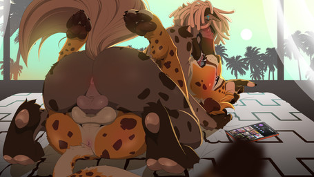 anthro anus balls balls_touching bed bedroom blush brown_body brown_fur butt dreadlocks duo ear_piercing eye_contact feet foot_focus frottage fur furniture genitals inside kissing looking_at_another making_out male male/male markings narrowed_eyes orange_body orange_fur pawpads paws penile penises_touching piercing power_bottom presenting presenting_anus presenting_hindquarters seductive sex spots spotted_body spotted_fur tail tattoo anonymous_artist dimitri_(hyena) canid canine cheetah felid feline hyena mammal spotted_hyena absurd_res hi_res