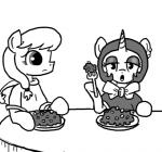 clothing cutlery duo ear_piercing earth_pony equid equine fan_character female feral ficficponyfic food fork hair hasbro hope_blossoms_(colt_quest) horn horse joyride_(colt_quest) kitchen_utensils mammal monochrome my_little_pony mythological_creature mythological_equine mythology piercing plate pony ribbons simple_background tools unicorn white_background