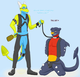 anthro bald balls bdsm belt blue_body blue_eyes blue_skin blush boots bottomwear chaps clothing collar dialogue drill duo eyewear fin fist flaccid footwear foreskin genitals glasses grin hand_on_hip hands_behind_back harness heart_symbol holding_leash holding_object humanoid_genitalia humanoid_penis jockstrap kneeling leash leather leather_daddy lidded_eyes long_penis looking_at_another looking_down looking_up lube male male/male master mostly_nude muscular muscular_male orange_body orange_eyes orange_skin paddle pants penis pokemorph red_body red_skin shoes simple_background slave smile spikes standing submissive submissive_male tail teeth text topwear underwear vest wings yellow_body yellow_skin pheanir nintendo pokemon fan_character dunsparce garchomp generation_2_pokemon generation_4_pokemon pokemon_(species) scalie 2019 absurd_res english_text hi_res