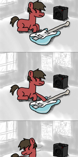 bass_guitar feral guitar male musical_instrument plucked_string_instrument solo string_instrument text spp friendship_is_magic hasbro my_little_pony bass_frets_(oc) fan_character earth_pony equid equine horse mammal pony absurd_res comic digital_media_(artwork) english_text hi_res