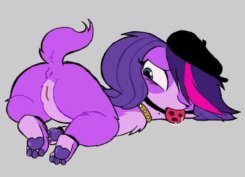 ball_gag bdsm bondage bound butt dyed_fur female feral forced gag genitals humanoid_genitalia humanoid_genitalia_on_feral humanoid_vulva humanoid_vulva_on_feral paws presenting presenting_hindquarters restrained solo vulva anonymous_artist hasbro littlest_pet_shop littlest_pet_shop_(2012) zoe_trent canid canine mammal hi_res