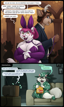 after_transformation anthro blue_eyes breasts business_suit clothing collar dialogue duo eyewear female fur furniture glasses hair hat headgear headwear holding_leash holding_object holding_popcorn inside leash leotard looking_back on_sofa pink_hair purple_clothing purple_leotard round_glasses size_difference smile sofa suit tail text watching_television white_body white_fur witch_hat miltonholmes apricot_(ataripanther) zenith_arcanum_(ataripanther) deer domestic_cat felid feline felis mammal 2024 3:5 comic digital_media_(artwork) english_text hi_res