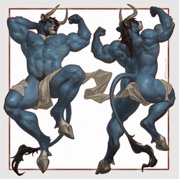 4_fingers anthro back_muscles barazoku biceps black_hair blue_body blue_fur body_hair butt calf_muscles cloth deltoids ear_piercing fingers flexing flexing_bicep flexing_both_biceps fur hair happy_trail hooves horn male mostly_nude_anthro mostly_nude_male multiple_poses muscular muscular_anthro muscular_male navel nipples piercing pose scar simple_background smile solo spread_legs spreading tail triceps white_background taran_fiddler cypress_(taran_fiddler) bovid bovine cattle mammal 1:1 2026 digital_media_(artwork) hi_res signature