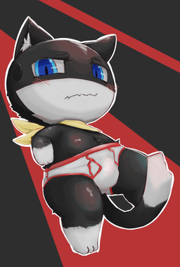 anthro black_body black_fur blue_eyes blush bulge chibi clothed clothing fur kerchief looking_at_viewer male markings mask neckerchief neckwear simple_background solo tail tail_markings topless underwear white_body white_fur yellow_kerchief yellow_neckerchief ririmaru atlus megami_tensei persona_(series) persona_5 sega morgana_(persona) domestic_cat felid feline felis mammal tuxedo_cat hi_res