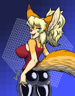 anthro big_ears blonde_hair bottomwear breasts butt clothing ears_up eyebrows eyelashes female fur green_eyes hair holding_butt latex latex_bottomwear latex_clothing latex_pants looking_at_viewer looking_back looking_back_at_viewer open_mouth orange_body orange_fur pants red_clothing red_shirt red_tank_top red_topwear shirt small_waist smile smiling_at_viewer solo tail tank_top teeth teeth_showing tongue topwear chisheq nadia_(chisheq) canid canine fennec_fox fox mammal true_fox hi_res