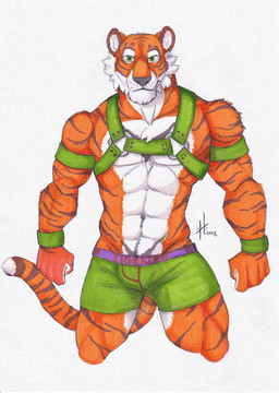 abs anthro bottomwear bulge cheek_tuft clothed clothing facial_tuft front_view fur green_bottomwear green_clothing green_eyes green_harness harness looking_at_viewer male male_anthro markings mouth_closed muscular muscular_anthro muscular_male navel orange_body orange_fur pecs solo striped_arms striped_legs striped_markings striped_tail stripes tail tail_markings topless tuft white_body white_fur hufnaar felid mammal pantherine tiger 2018 dated hi_res portrait three-quarter_portrait