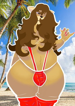 anthro beach brown_body brown_fur brown_hair bulge clothing colored_nails detailed_bulge fur genital_outline hair legwear long_hair long_nails male nails one-piece_swimsuit penis_outline photo_background pink_nails slightly_chubby sling_bikini solo swimwear thick_thighs thigh_highs white_line_art mementomoriye moriye_(mementomoriye) felid humanoid mammal colored_line_art digital_media_(artwork) hi_res mixed_media photography_(artwork)