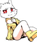 5_fingers anthro blush bottomless bottomless_male clothed clothing embarrassed eyebrows fingers footwear fur half-closed_eyes hiding_penis looking_at_viewer male narrowed_eyes red_eyes simple_background solo white_background white_body white_fur yellow_clothing yellow_footwear young young_anthro young_male tobyou_222 canid canine canis domestic_dog mammal 2018 absurd_res hi_res