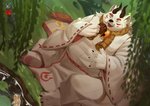 anthro belly black_nose clothing detailed_background eyes_closed fur horn humanoid_hands kemono male outside overweight overweight_anthro overweight_male robe sitting solo white_body white_fur jmeo1230 mammal 2020 hi_res