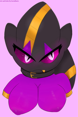 big_breasts breasts female nipples purple_body purple_eyes purple_skin simple_background solo zipper amanthatlikesghosts nintendo pokemon fan_character penny_(plantpenetrator) generation_6_pokemon ghost mega_banette mega_evolution pokemon_(species) spirit 2017 2:3 hi_res