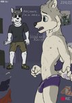 age_difference anthro boxer_briefs bulge camera caught caught_on_camera clothing dialogue duo inside intruder male male/male poster purple_clothing slim text underwear younger_male wolfyalex96 axel_(wolfyalex96) alaskan_malamute canid canine canis domestic_dog husky mammal nordic_sled_dog spitz digital_media_(artwork) hi_res medibang_paint_(artwork) spanish_text