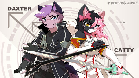 anthro cosplay crossing_swords duo female logo male male/female melee_weapon name_tag poster sword swordsman text weapon a-hunt sword_art_online catty_(catty.feline) daxter_wolfsky_(d4xt3r) canid canine canis domestic_cat felid feline felis hybrid mammal wolfdog absurd_res artist_logo artist_name hi_res signature