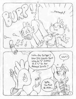 3_toes 5_fingers adolescent anthro book bottomwear burping claws clothed clothed_anthro clothed_female clothed_male clothing cough coughing_up_letter dialogue duo eyelashes feet female fin fingers fire fully_clothed fully_clothed_anthro fully_clothed_female fully_clothed_male hoodie horn male nails regurgitation sharp_teeth skirt speech_bubble sweater sweater_vest teeth text toe_claws toes topwear unicorn_horn vest wings young circe_(artist) friendship_is_magic hasbro my_little_pony mythology spike_(mlp) twilight_sparkle_(mlp) dragon equid equine mammal mythological_creature mythological_equine mythological_scalie scalie winged_unicorn comic english_text monochrome