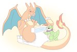 absurd_res ambiguous_gender bandanna blush charizard claws clothing diaper diaper_change duo feral fire flaming_tail generation_1_pokemon hardscales hi_res horn kerchief lying nintendo object_in_mouth on_back pacifier pacifier_in_mouth pokemon pokemon_(species) sandshrew standing_on_tail tail wings