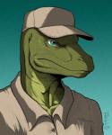 anthro blue_eyes clothing green_body green_scales green_skin male scales solo trucker uniform avoid_posting reptilecynrik dracenmarx lewis_resmond asian_water_monitor lizard monitor_lizard reptile scalie 2015 bust_portrait hi_res portrait