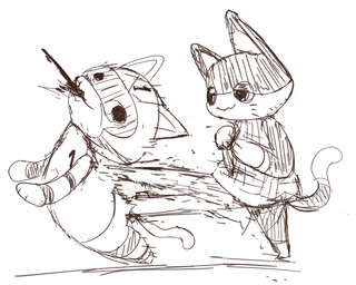 anthro armor bottomless clothed clothing duo fight fur half-closed_eyes headgear helmet hitting humanoid_pointy_ears impact kick male multicolored_body multicolored_fur narrowed_eyes pointy_ears simple_background smile standing two_tone_body two_tone_fur whiskers boke_(artist) animal_crossing nintendo kid_cat_(animal_crossing) punchy_(animal_crossing) mammal