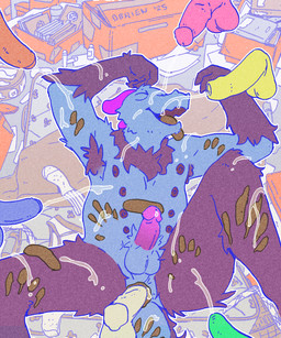 anal anthro basement bodily_fluids book box cardboard cardboard_box clothing clutter container coprophilic_intercourse cum detailed_background dirty_anal feces feces_in_mouth feces_on_body footwear genital_fluids genitals male male/male mattress messy_room penis scatplay socks text obrien_(artist) mythology azuruff_(character) dragon monster mythological_creature mythological_scalie scalie 5:6 artist_name hi_res