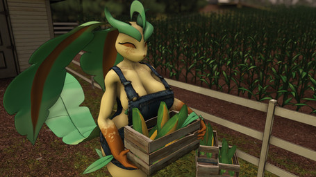 anthro big_breasts breasts cleavage clothed clothing container eyes_closed farm farmer female freckles garden holding_object outside overalls overalls_only plant pokemorph smile solo deskai nintendo pokemon eeveelution generation_4_pokemon hybrid_pokemon leafeon lopunny pokemon_(species) 16:9 3d_(artwork) digital_media_(artwork) hi_res source_filmmaker_(artwork) widescreen