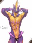 bulge clothed clothing front_view hands_behind_head male purple_body solo tongue topless yellow_body sasamix nintendo pokemon amped_toxtricity generation_8_pokemon pokemon_(species) toxtricity portrait three-quarter_portrait