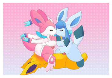 abstract_background blush blush_lines border clothing collar cowgirl_position dotted_background facesitting female feral footwear from_front_position genitals group group_sex kiss_on_lips kissing male on_bottom on_top pattern_background penis scarf semi-anthro sex simple_background sitting sitting_on_another socks threesome trio vaginal white_border nanabsylve eeveelution_squad nintendo pokemon lazuli_(eeveelution_squad) silvia_(eeveelution_squad) speed_(eeveelution_squad) eeveelution generation_1_pokemon generation_4_pokemon generation_6_pokemon glaceon jolteon pokemon_(species) sylveon cel_shading hi_res shaded trans_(lore) trans_woman_(lore)