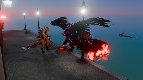 9_tails anthro bikini bioluminescence building clear_sky clothing female glowing glowing_tail group male multi_tail sea sky spread_wings street_lamp sunrise sunset swimming swimwear tail talking_to_another two-piece_swimsuit water wharf wings kyuvulpes kyu_vulpes canid canine fox mammal rexouium 16:9 3d_(artwork) digital_media_(artwork) hi_res widescreen