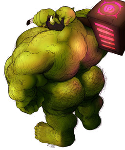 5_fingers 5_toes arm_hair back_hair back_muscles beard big_muscles black_hair body_hair butt butt_hair chest_hair eye_patch eyewear facial_hair facial_piercing feet fingers green_body green_skin hair hairy hammer high-angle_view huge_muscles leg_hair male muscular muscular_humanoid muscular_male nose_piercing nose_ring not_furry piercing plantigrade ring_piercing simple_background solo standing toes tools tusks white_background ortupan zoroj humanoid orc 2019 5:6 hi_res