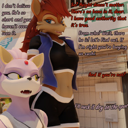 anthro city city_background dialogue duo female female/female larger_female size_difference smaller_female text reducktoe warfaremachine_(modeler) sega sonic_the_hedgehog_(series) blaze_the_cat sally_acorn warfare_blaze warfare_sally animal_humanoid cat_humanoid felid felid_humanoid feline feline_humanoid humanoid mammal mammal_humanoid rodent sciurid tree_squirrel 3d_(artwork) comic digital_media_(artwork) english_text