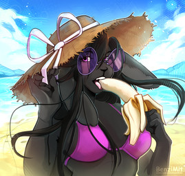 anthro banana bangs beach black_body black_fur black_hair blush breasts clothing day eating_banana eyewear female food fruit fur glasses hair hat headgear headwear holding_food holding_object long_ears long_hair looking_at_viewer medium_breasts open_mouth pink_blush plant purple_bikini_top purple_eyes round_glasses sand sea sky solo teeth tongue tongue_out water wearing_glasses benzimit lagomorph leporid mammal rabbit 2025 colored digital_drawing_(artwork) digital_media_(artwork) half-length_portrait hi_res portrait shaded