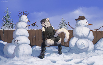 anthro armwear biped boots bottomwear butt clothed clothed_anthro clothed_female clothing elbow_gloves eyewear female fence fingers fishnet_clothing fishnet_legwear footwear fully_clothed fully_clothed_anthro fully_clothed_female fur glasses gloves hair handwear legwear looking_at_viewer looking_back outside rear_view shaking_butt shoes smile snow snowman solo standing tail teeth thigh_highs topwear winter totesfleisch8 domestic_cat felid feline felis mammal 2026 digital_drawing_(artwork) digital_media_(artwork)