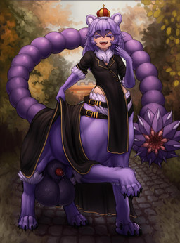 animal_genitalia balls belt big_balls bodily_fluids breasts claws clothed clothing crown detailed_background digitigrade dripping fur genital_fluids genitals glistening glistening_balls glistening_genitalia gynomorph hair headgear huge_balls intersex penis penis_tip precum precum_drip purple_body purple_ears purple_eyes purple_fur purple_hair purple_tail red_penis sheath shirt small_breasts solo tail tail_mouth topwear unusual_anatomy unusual_tail vein veiny_balls seraziel iranian_mythology middle_eastern_mythology mythology scythe_(scytheloli) cat_taur domestic_cat felid felid_taur feline feline_taur felis mammal mammal_taur manticore taur 2025 hi_res