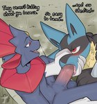 absurd_res ambiguous_gender anthro arkailart blue_body blue_fur canid canine duo english_text erection fellatio fur generation_4_pokemon genitals hi_res humanoid_genitalia humanoid_penis lucario male male/ambiguous mammal nintendo oral oral_penetration penetration penile penis pokemon pokemon_(species) red_eyes sex simple_background text tongue weavile