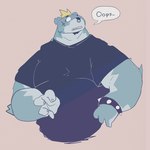 anthro black_nose blonde_hair clothing facial_piercing hair humanoid_hands kemono male nose_piercing nose_ring overweight overweight_male piercing ring_piercing scar shirt simple_background solo text topwear dumdum bear mammal 1:1 2021 hi_res