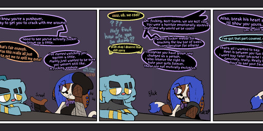 angry annoyed anthro anthrofied blue_body blue_hair border clothed clothing collar dialogue duo ear_piercing ear_ring facial_piercing female fishnet_clothing fur furniture grey_border group growling hair hand_on_table headgear headwear hoop_ear_ring inside lip_piercing looking_away male offscreen_character one_eye_obstructed open_mouth piercing profanity purple_eyes ring_piercing simple_background slouching snapping_fingers table tail text topwear yellow_eyes gazaster nintendo pokemon aubrey/swatch_(gazaster) gams_(gazaster) canid canine eeveelution felid feline generation_2_pokemon generation_4_pokemon glaceon mammal pokemon_(species) shinx smeargle 2025 comic digital_media_(artwork) english_text hi_res signature