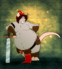 4_fingers 4_toes anthro bottomwear brown_eyebrows brown_hair buckteeth claws clothed clothing eyebrows feet fingers fur grey_body grey_fur hair loincloth looking_back male melee_weapon moobs navel overweight overweight_anthro overweight_male pink_nose red_eyes solo standing sword tail teeth toes weapon white_claws stereoplair mammal murid murine rat rodent