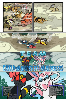 5_panel_comic ambiguous_gender bandage black_body black_cape black_clothing black_eyes black_nose black_tail blue_eyes blue_text bow_ribbon brown_body brown_eyes brown_fur cape cheek_spots claws clenched_teeth closed_smile clothing crossed_arms dot_pupils dust dust_cloud explosion eye_patch eyebrows eyelashes eyewear feral finger_claws fur gameplay_mechanics group hair hat headgear headwear inner_ear_fluff markings motion_lines mouth_closed multi_tail neck_tuft one_eye_closed one_eye_obstructed open_mouth page_number pawpads paws pink_body pupils purple_scarf quadruped red_cheeks red_eyes scarf sharp_teeth smile sunglasses tail teeth text toe_claws tongue tongue_out toony translucent translucent_hair tuft tusks white_body white_pupils white_sclera white_text x_eyes yellow_body yellow_markings virmir nintendo pokemon pokemon_mystery_dungeon spike_chunsoft virmir_(character) zinc_(zincxiron) axew cleffa drowzee eevee eeveelution generation_1_pokemon generation_2_pokemon generation_5_pokemon generation_6_pokemon pichu pokemon_(species) smeargle sneasel sylveon timburr umbreon vulpix 2025 2:3 absurd_res comic english_text hi_res signature