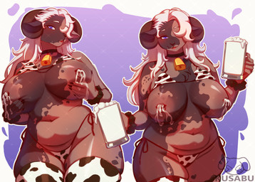 animal_print animal_print_bikini anthro areola back_wings bell bell_collar belly big_areola big_breasts big_nipples bikini bikini_bottom bikini_top bodily_fluids breast_milking breast_squish breasts brown_body chest_tattoo choker choker_bell claws clothed clothing clothing_lift collar container cow_print cow_print_bikini cowbell cup dark_body dark_skin female fin hair hair_over_eye holding_breast holding_container holding_cup holding_mug holding_object horn jewelry lactating long_hair looking_at_viewer markings milk milk_in_cup milk_in_mug mug multiple_angles navel necklace nipples pattern_bikini pattern_clothing pattern_swimwear purple_eyes side-tie_bikini smile smiling_at_viewer solo spots spotted_body squish string_bikini swimwear tattoo thick_thighs topwear two-piece_swimsuit wide_hips wings kusabu bovid caprine mammal sheep absurd_res hi_res