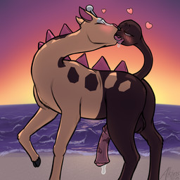 2_heads animal_genitalia animal_penis back_spikes ball_tuft balls beach blush blush_lines bodily_fluids brown_body brown_fur clear_sky cum cum_drip detailed_background dripping equine_genitalia equine_penis eyes_closed feral french_kissing fur genital_fluids genitals half-closed_eyes heart_symbol hooves kissing kissing_tail_mouth living_tail long_neck male mottled mottled_genitalia mottled_penis multi_head multi_head_kiss narrowed_eyes outside penis saliva saliva_drip saliva_on_tongue sea sky solo spikes spikes_(anatomy) sunset tail tail_fetish tail_head tail_mouth tail_play text tongue tongue_out tuft unusual_anatomy unusual_tail water yellow_body yellow_fur akins nintendo pokemon generation_2_pokemon girafarig giraffid mammal pokemon_(species) 1:1 2025 absurd_res artist_name cel_shading dated digital_drawing_(artwork) digital_media_(artwork) hi_res shaded