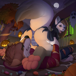 4_toes anthro blonde_hair blush bottomwear branch brown_body brown_fur camel_toe candy claws clothed clothing cold dark_body dark_fur dark_paws dessert duo feet female food fruit fur green_eyes grey_body grey_claws grey_fur hair holidays jack-o'-lantern light_body light_fur light_hair male male/female open_mouth panties pattern_bottomwear pattern_clothing pattern_panties pattern_underwear pawpads paws pink_pawpads plant pumpkin short_hair striped_bottomwear striped_clothing striped_panties striped_underwear stripes toes tongue tongue_out tree tuft underwear uniform white_body white_fur poisewritik halloween canid canine canis domestic_cat felid feline felis mammal wolf 1:1 2017 absurd_res hi_res