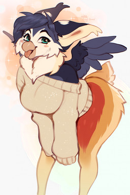 anthro back_wings beak bent_over big_breasts blep blush bottomless bottomless_female breasts cheek_tuft clothed clothing eyebrow_piercing eyelashes facial_piercing facial_tuft feathered_wings feathers female fur green_eyes leg_tuft multicolored_body non-mammal_breasts orange_body orange_fur oversized_clothing oversized_sweater oversized_topwear piercing solo sparkles standing sweater sweater_only tail thick_thighs thigh_tuft tongue tongue_out topwear topwear_only tuft white_body white_fur wide_hips wings koda_walker mythology inno-sjoa_(character) avian gryphon mythological_avian mythological_creature teacup_gryphon 2025 digital_media_(artwork) hi_res signature sketch