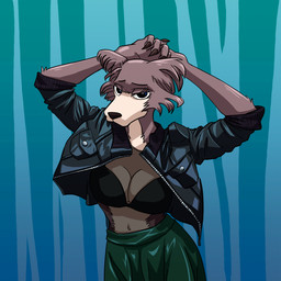 anthro black_clothing black_jacket black_topwear bra breasts brown_body brown_fur claws clothing eyelashes female fur half-closed_eyes hands_behind_head jacket looking_at_viewer narrowed_eyes pouting solo topwear underwear aikaanarchy beastars juno_(beastars) canid canine canis mammal wolf 1:1 hi_res