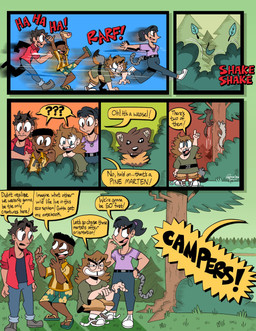 ambiguous_gender clothing dialogue female feral flip_flops footwear forest grass group male not_furry_focus plant sandals shoes shrub speech_bubble text tree young young_female young_male romecartoons gulonine human mammal marten mustelid musteline pine_marten comic english_text hi_res