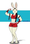 anthro arm_ring armwear black_hair bottomwear bra braided_hair braided_ponytail brown_eyes clothed clothing gynomorph hair intersex ponytail pose shorts solo sports_bra underwear white_body wraps wrist_wraps sidewaysmirror lagomorph leporid mammal rabbit hi_res herm_(lore)