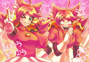 :3 accessory angry animal_ears bell blush breasts cat_tail clothing cowlick crazy_eyes cross-popping_vein dipstick_tail dress eyelashes fangs female female_humanoid flower frilly frilly_clothing frilly_dress gesture glistening glistening_eyes gloves green_eyes hair hair_accessory hand_gesture hand_on_hip handwear inner_ear_fluff insane jewelry looking_at_viewer markings medium_breasts necklace open_mouth open_smile pink_clothing pink_hair plant short_hair smile solo tail tail_markings teeth text tied_hair tuft v_sign white_clothing souleidoscope deltarune undertale_(series) mad_mew_mew mew_mew_(undertale) pink_(deltarune) animal_humanoid felid felid_humanoid feline feline_humanoid humanoid mammal mammal_humanoid 2026 digital_drawing_(artwork) digital_media_(artwork) hi_res japanese_text translation_request