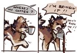 ambiguous_gender angry beverage coffee container cup dialogue dropping_object feral fur fuzzy multicolored_body multicolored_fur offscreen_character solo speech_bubble spilled_drink text wereshiba canid canine canis domestic_dog mammal shiba_inu spitz english_text