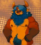 blue_eyes blue_hair bovid bovine cattle crotch_tuft cubkyah ear_piercing ear_ring fur hair hair_over_eye hi_res horn male mammal muscular muscular_male neck_tuft nipples nude nude_male orange_body orange_fur piercing pubes ring_piercing solo sparkles tuft yellow_body yellow_fur