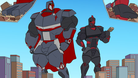 armor blue_sky cape city cityscape clothing cobol_spaceknight crushing_building destruction duo extreme_size_difference headgear helmet looking_at_another machine macro male muscular muscular_thighs science_fiction size_difference sky slash_spaceknight spaceknight greggrth humanoid robot hi_res