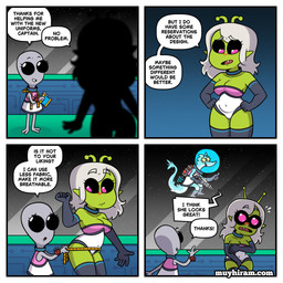 antennae_(anatomy) anthro bald biped breasts clothed clothing dialogue female green_body grey_body group hair larger_female long_hair size_difference smaller_female speech_bubble text trio muyharim blu_(muyharim) peenko_(muyharim) vyx_(muyharim) alien humanoid 1:1 comic english_text hi_res url